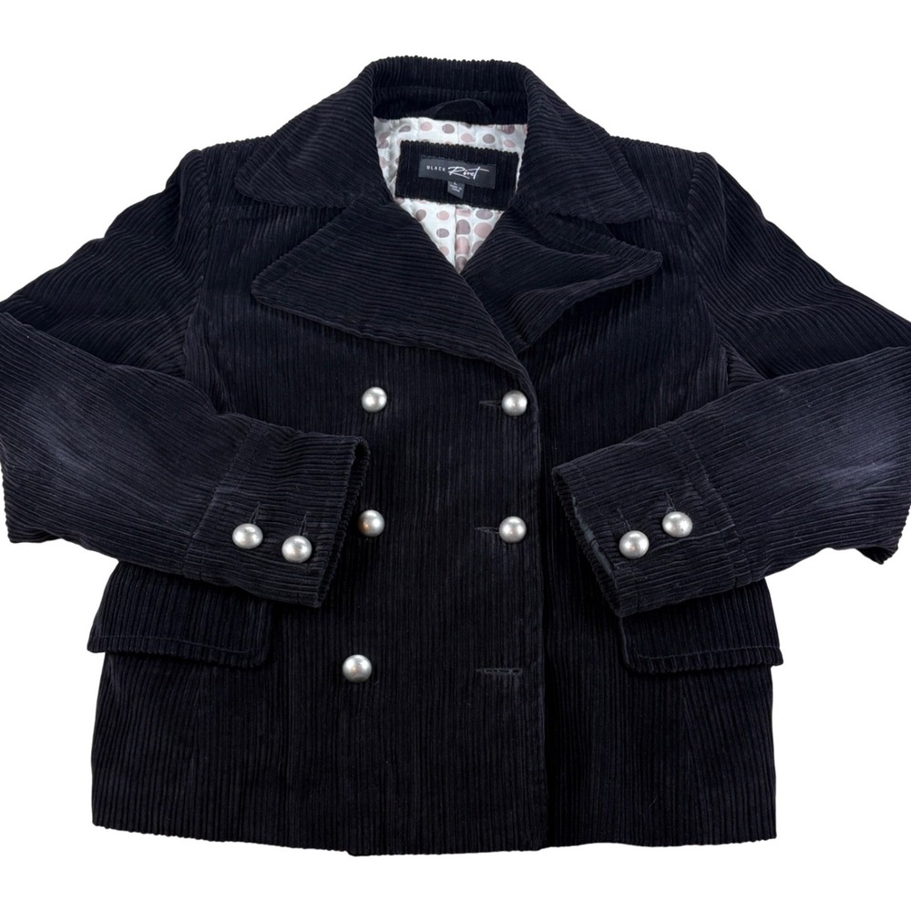 Black Rivet G-III Corduroy Peacoat Women Large Black Dark Academia VTG 2000s Y2K